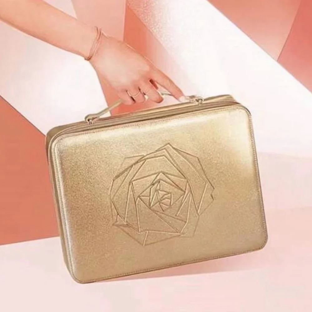 New! Lancome Gold Shiny Makeup Box Tote Bag, Handle, Zipper - Holiday